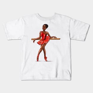 Ballet in red pointe shoes - ballerina at rest - ballerina taking a break  in red tutu and red shoes  - brown skin ballerina Kids T-Shirt